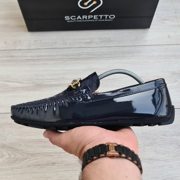 Men's Embroidered Patent Leather Loafers in Navy - Picture 4 of 5